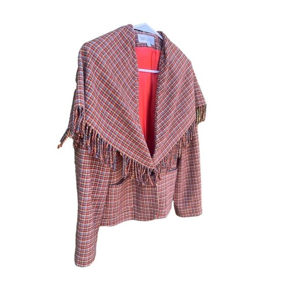 Worth Vintage 90s Plaid Tweed Blazer S Brown Fringed Shawl Collar - Picture 4 of 13